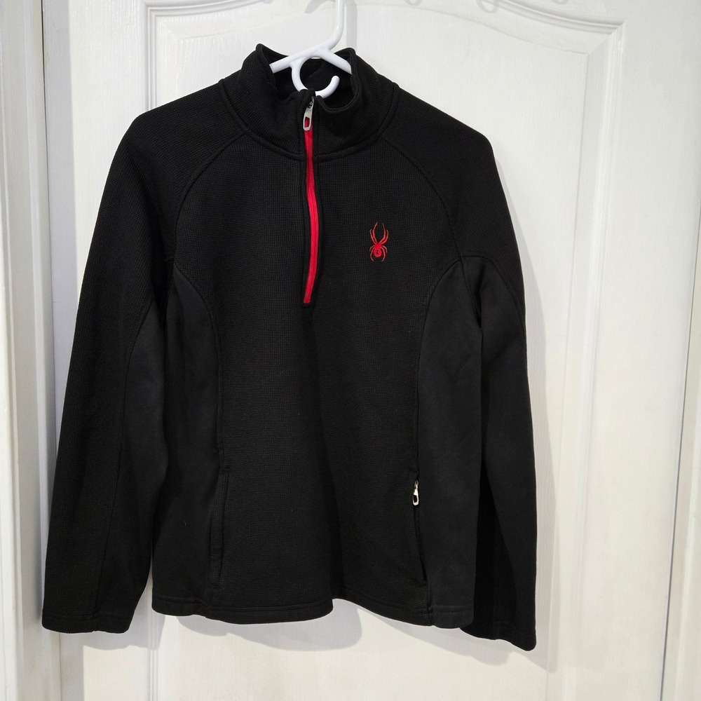 Spyder Quarter Zip Pullover Mens Medium Black Red Excellent Waffle Knit Fleece